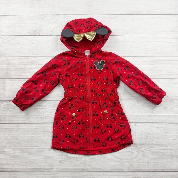 Disney Other - Disney Minnie Mouse Toddler Girls Red Hooded Raincoat Gold Bow Ears Jacket 3T